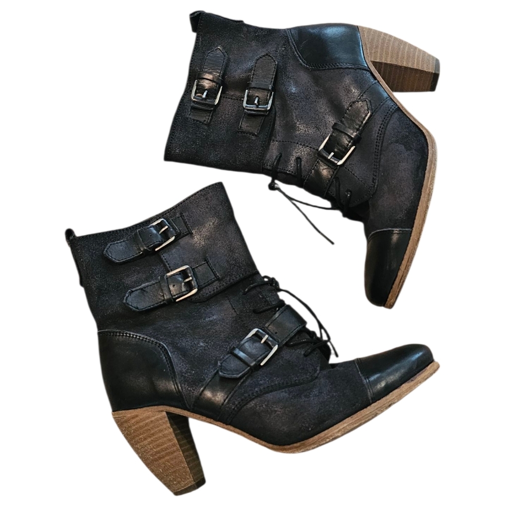 AllSaints Vintage Leather Boots with Buckles, Heels, Whimsigoth